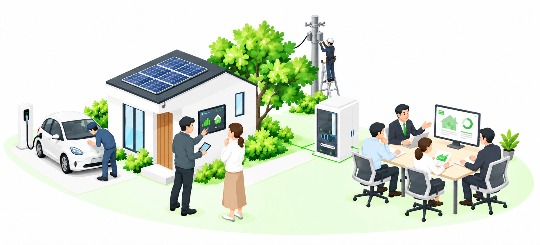HEMSのある住まい、電気自動車のケアと充電スタンド、木の奥の通信作業と法人の打ち合わせを表したイラスト