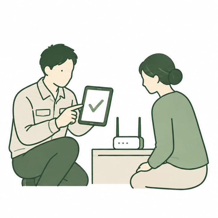 動作確認の結果をタブレットでお客様に説明するスタッフ